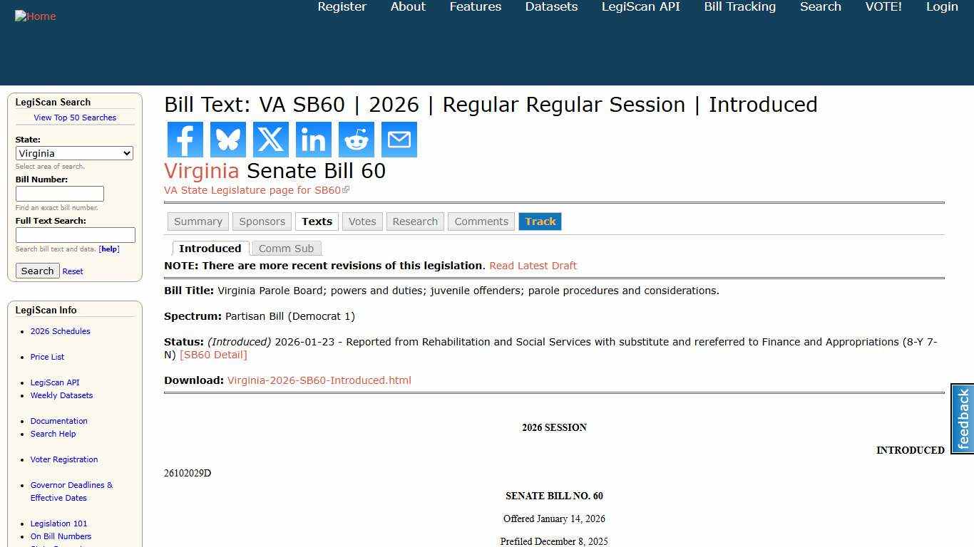 Bill Text: VA SB60 2026 Regular Regular Session Introduced LegiScan