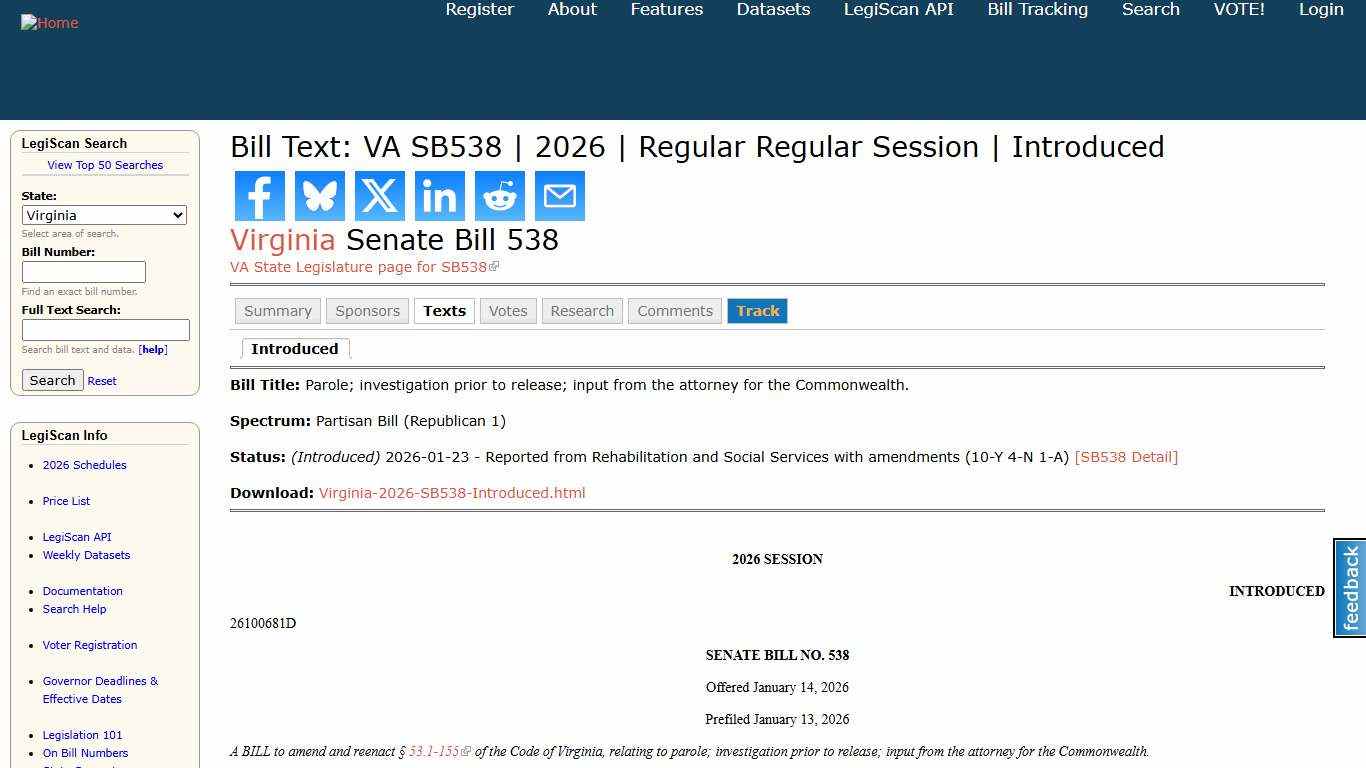 Bill Text: VA SB538 2026 Regular Regular Session Introduced LegiScan