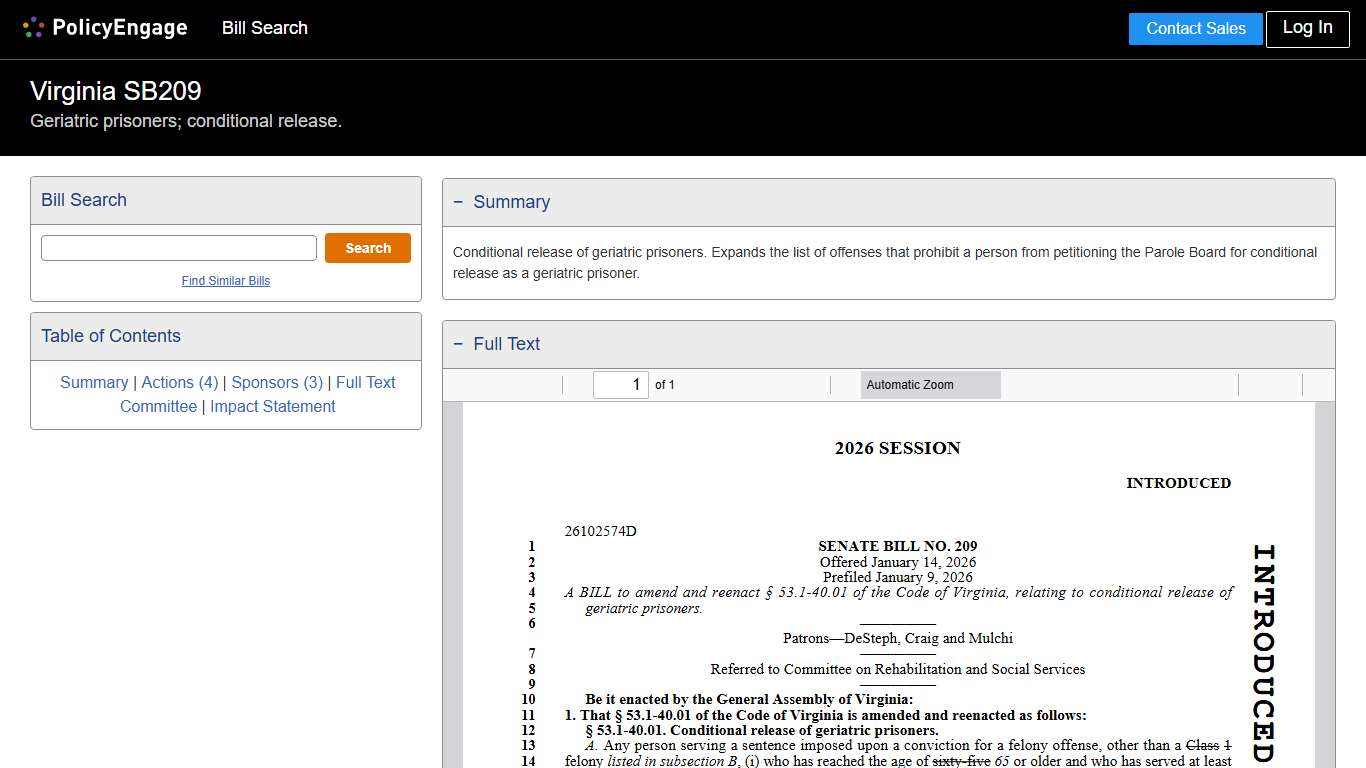 SB209 Virginia 2026 Geriatric prisoners; conditional release. - Legislative Tracking PolicyEngage