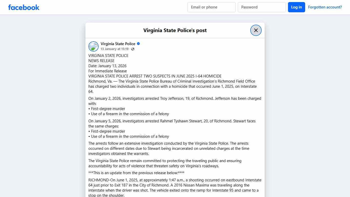 VIRGINIA STATE POLICE NEWS RELEASE... - Virginia State Police Facebook
